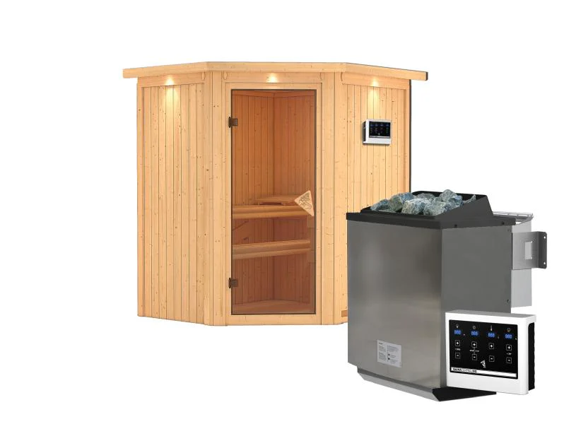 Karibu Sauna Taurin inkl. 9 kW Bioofen ext. Steuerung, mit bronzierter Ganzglastür - mit Dachkranz - - Image 2
