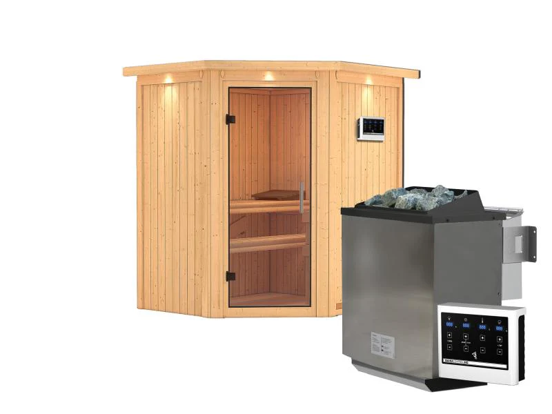 Karibu Sauna Taurin inkl 9 kW Bioofen ext. Steuerung, mit klarglas Ganzglastür -mit Dachkranz- - Image 2