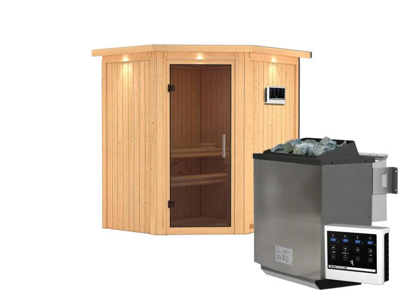 Karibu Sauna Taurin inkl. 9 kW Bioofen ext. Steuerung, mit moderner Saunatür - mit Dachkranz - - Image 2