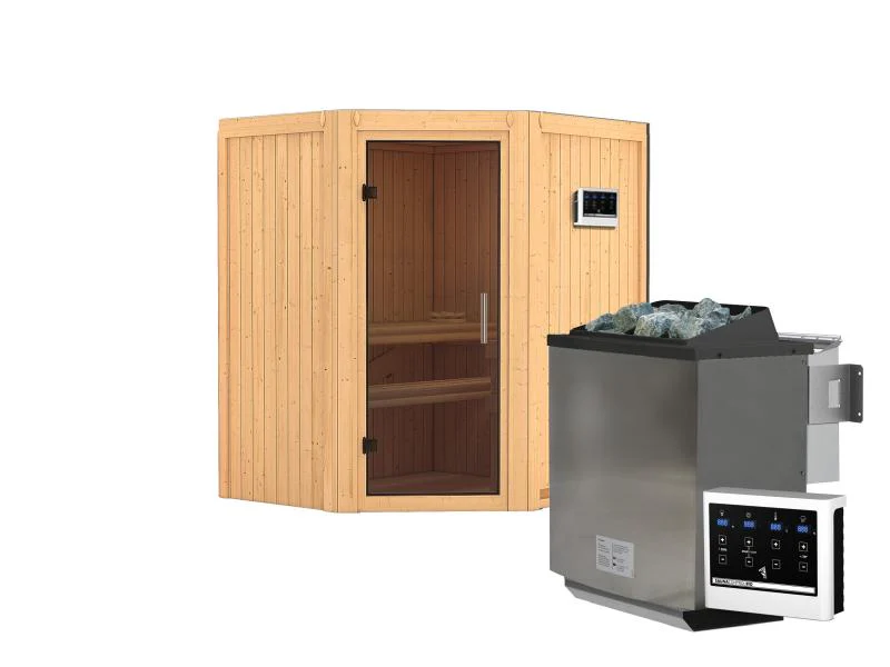 Karibu Sauna Taurin inkl. 9 kW Bioofen externe Steuerung, mit moderner Saunatür - ohne Dachkranz - - Image 2