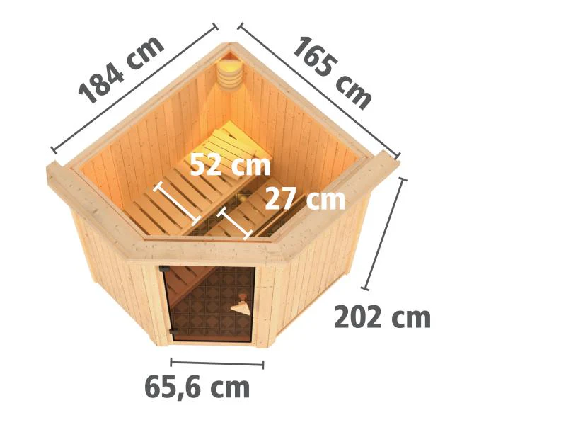 Karibu Sauna Taurin inkl. 9 kW Ofen ext. Steuerung, mit bronzierter Ganzglastür - mit Dachkranz - - Image 3