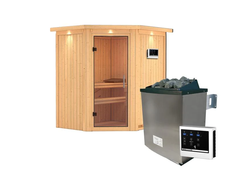 Karibu Sauna Taurin inkl. 9 kW Ofen ext. Steuerung, mit klarglas Ganzglastür -mit Dachkranz- - Image 2