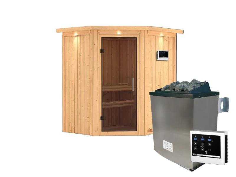 Karibu Sauna Taurin inkl. 9 kW Ofen ext. Steuerung, mit moderner Saunatür - mit Dachkranz - - Image 2