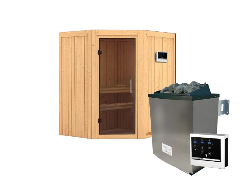 Karibu Sauna Taurin inkl. 9 kW Ofen ext. Steuerung, mit moderner Saunatür - ohne Dachkranz - - Image 2