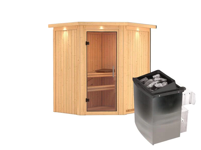Karibu Sauna Taurin inkl 9 kW Ofen integr. Steuerung, mit klarglas Ganzglastür -mit Dachkranz- - Image 2