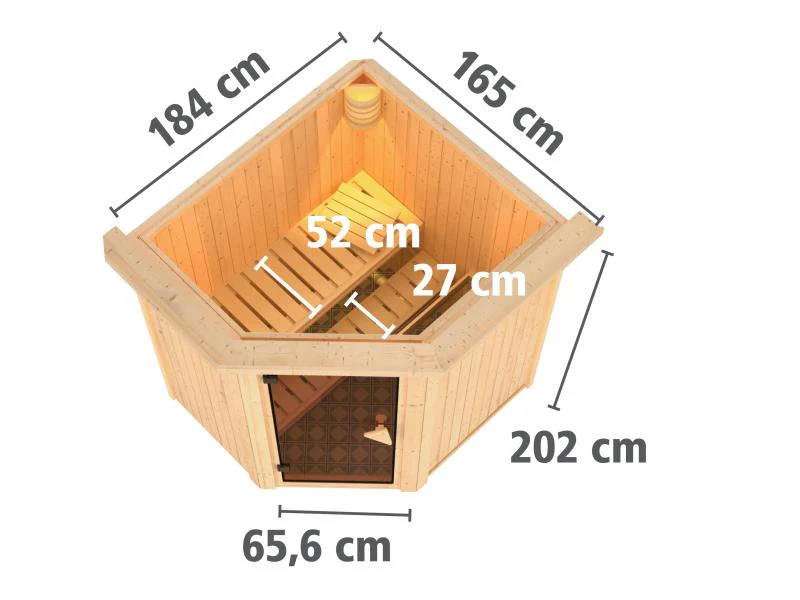 Karibu Sauna Taurin inkl 9 kW Ofen integr. Steuerung, mit klarglas Ganzglastür -mit Dachkranz- - Image 3