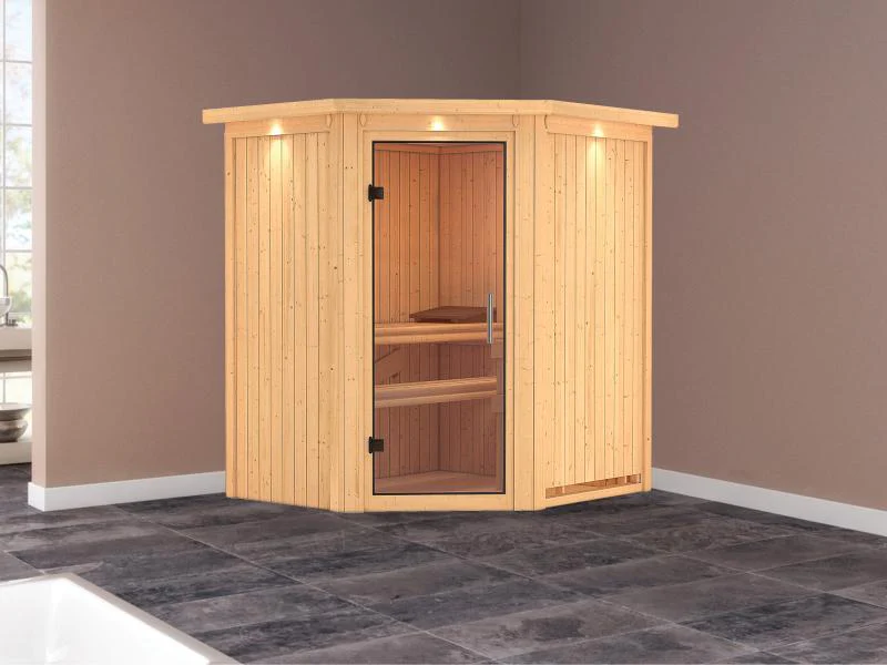 Karibu Sauna Taurin ohne Ofen, mit Dachkranz, mit Klarglas Ganzglastür - Image 2