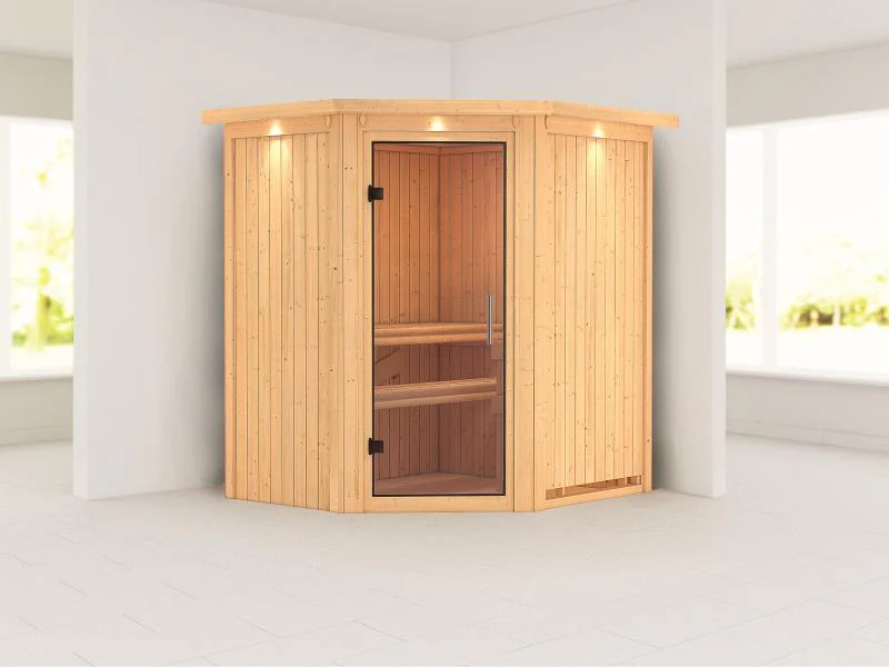 Karibu Sauna Taurin ohne Ofen, mit Dachkranz, mit Klarglas Ganzglastür - Image 4