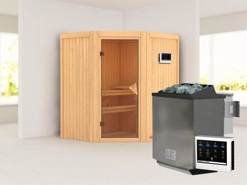 Karibu Sauna Tauriun inkl. 9 kW Bioofen externe Steuerung, mit bronzierter Ganzglastür - ohne Dachkr