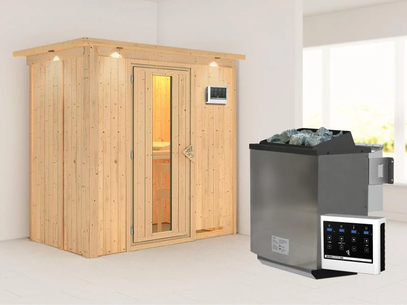 Karibu Sauna Variado inkl.  9 kW Bioofen ext. Steuerung, mit Energiespartür -mit Dachkranz- - Image 2