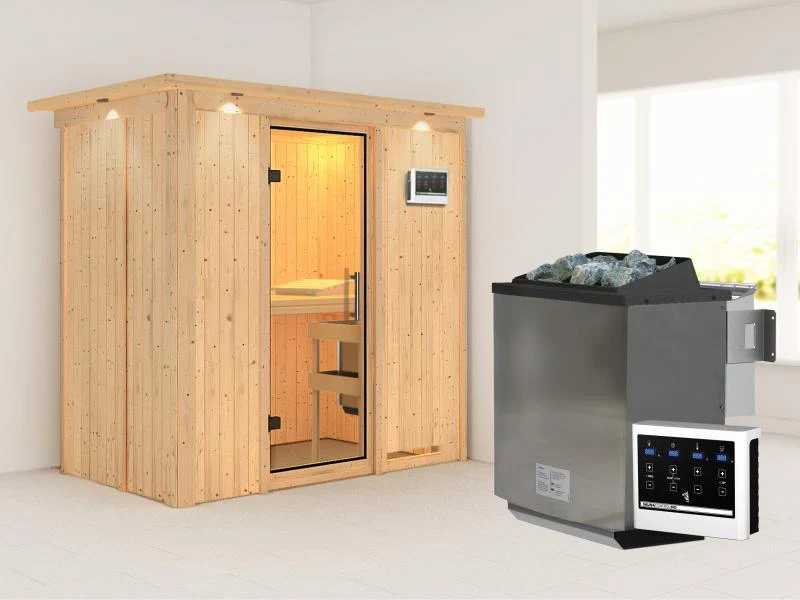 Karibu Sauna Variado inkl. 9 kW Bioofen ext. Steuerung, mit klarglas Ganzglastür -mit Dachkranz- - Image 2
