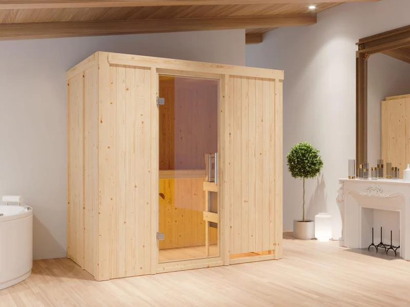 Karibu Sauna Variado inkl. 9 kW Bioofen ext. Steuerung, mit klarglas Ganzglastür -ohne Dachkranz-