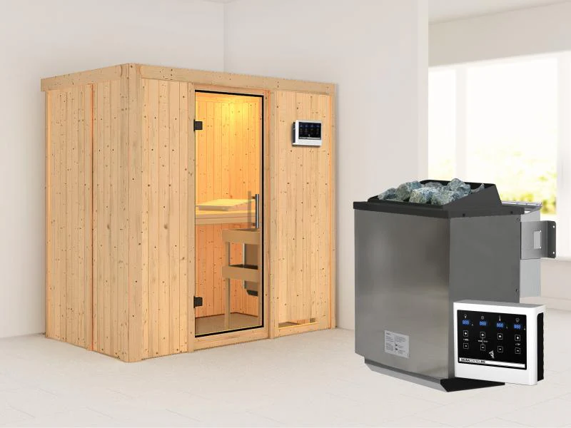 Karibu Sauna Variado inkl. 9 kW Bioofen ext. Steuerung, mit klarglas Ganzglastür -ohne Dachkranz- - Image 2