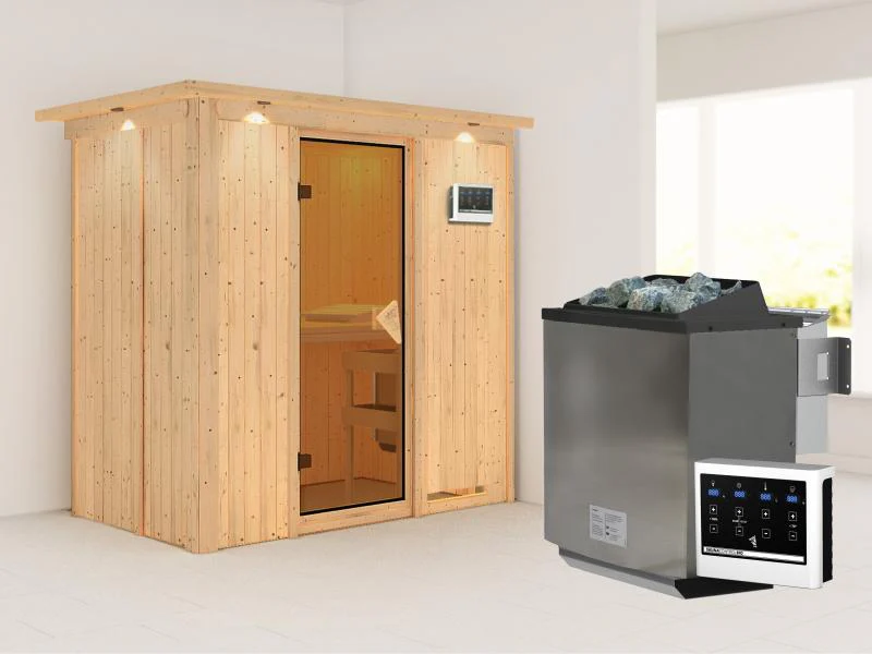 Karibu Sauna Variado inkl. 9 kW Bioofen ext. Steuerung, mit klassischer Saunatür -mit Dachkranz - Image 3