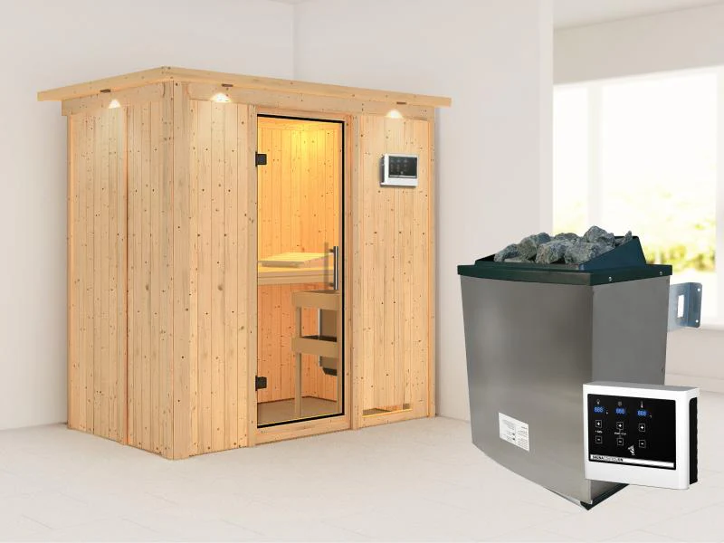 Karibu Sauna Variado inkl. 9 kW Ofen ext. Steuerung, mit klarglas Ganzglastür -mit Dachkranz- - Image 2