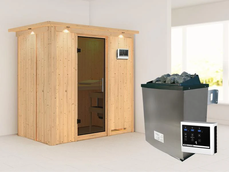 Karibu Sauna Variado inkl. 9 kW Ofen ext. Steuerung, mit moderner Saunatür -mit Dachkranz- - Image 2