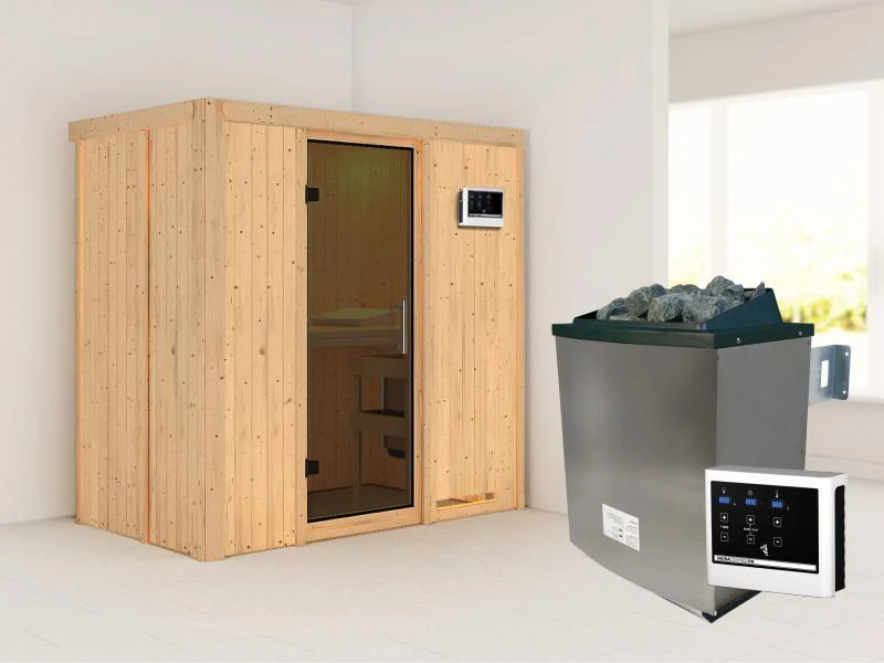 Karibu Sauna Variado mit 9 kW Ofen ext. Steuerung, mit moderner Saunatür -ohne Dachkranz- - Image 2