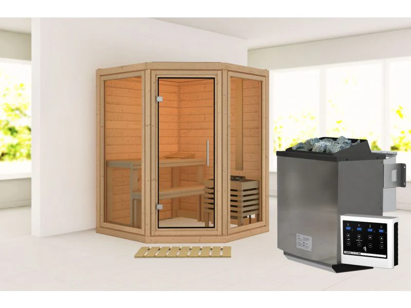 Karibu Sauna Yuma, inkl. 9 kW Bioofen ext. Steuerung, mit Klarglas Ganzglastür - Image 2