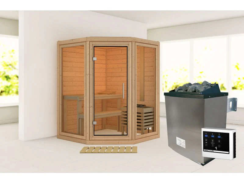 Karibu Sauna Yuma, inkl. 9 kW Ofen ext. Steuerung, mit Klarglas Ganzglastür - Image 2