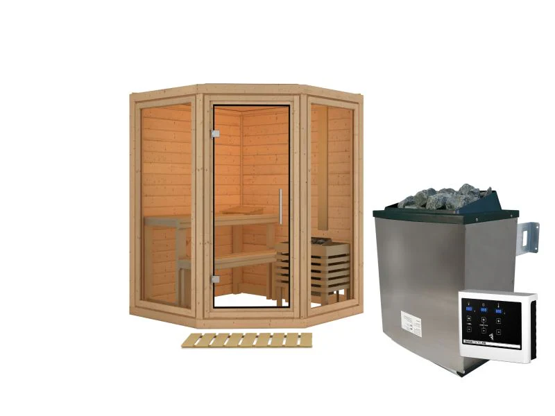 Karibu Sauna Yuma, inkl. 9 kW Ofen ext. Steuerung, mit Klarglas Ganzglastür - Image 3