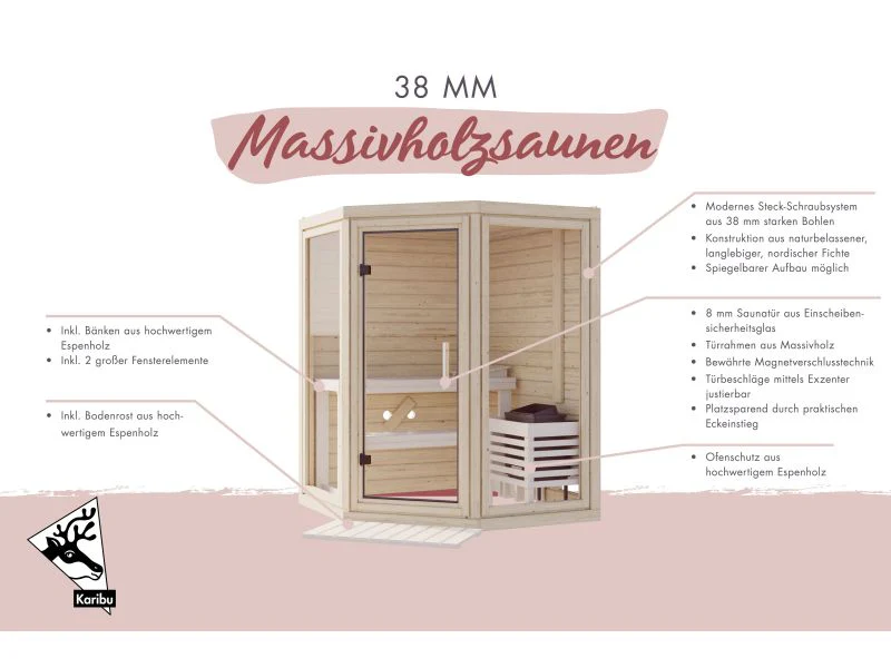 Karibu Sauna Yuma, ohne Ofen, inkl. Klarglas Ganzglastür - Image 5