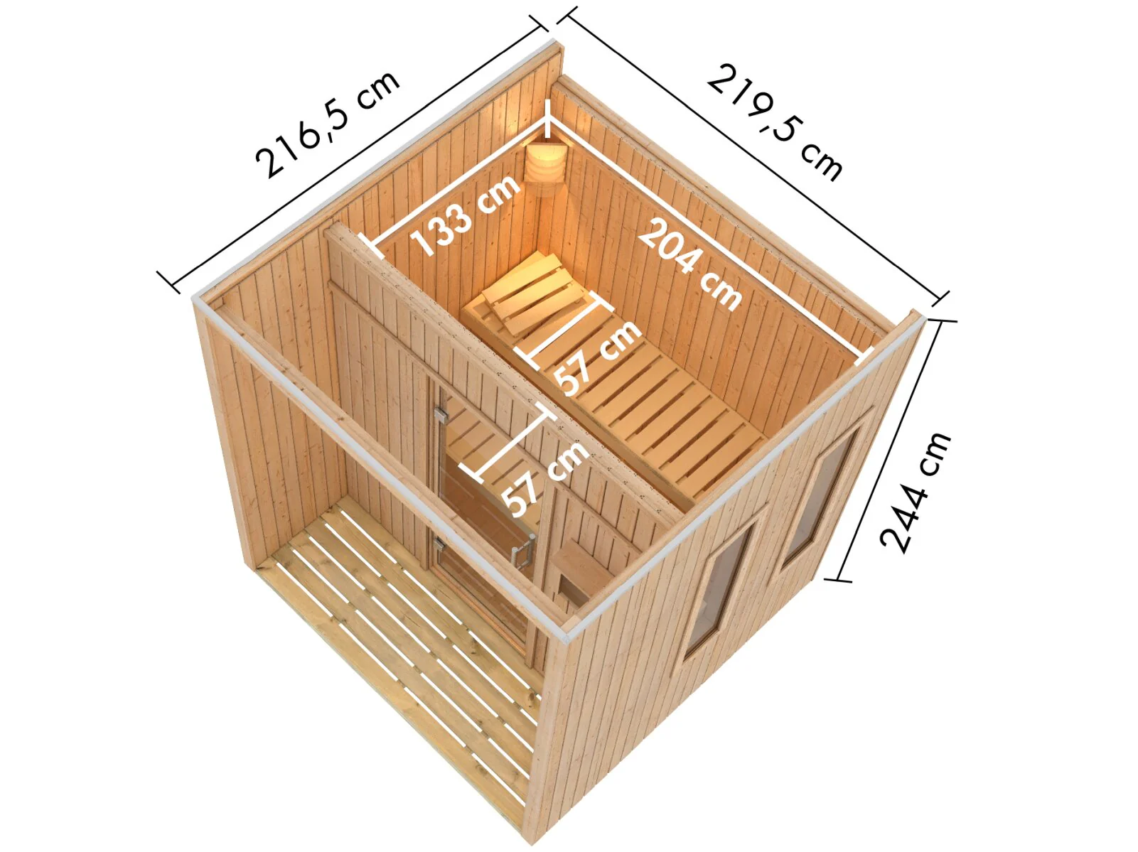 Karibu Saunahaus Arcadia, natur, 73 mm -inkl. 9 kW Bioofen ext. Steuerung Wifi HUUM - Image 2