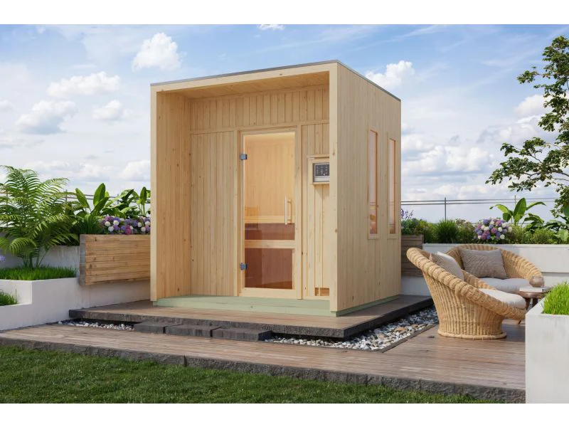 Karibu Saunahaus Arcadia, natur, 73 mm -inkl. 9 kW Ofen ext. Steuerung