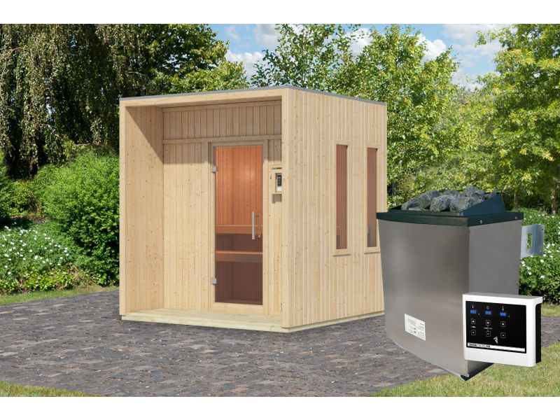 Karibu Saunahaus Arcadia, natur, 73 mm -inkl. 9 kW Ofen ext. Steuerung - Image 2