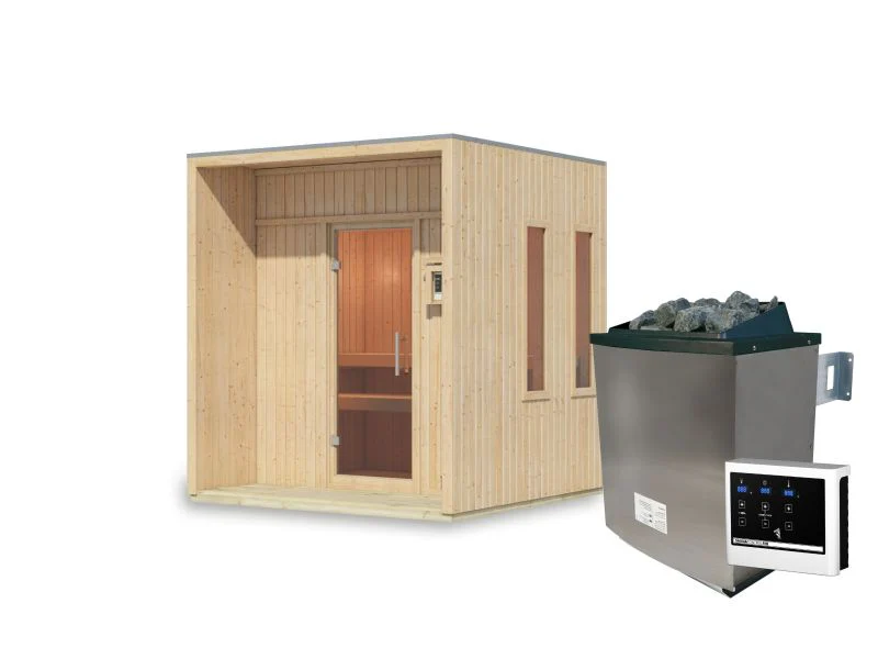Karibu Saunahaus Arcadia, natur, 73 mm -inkl. 9 kW Ofen ext. Steuerung - Image 3