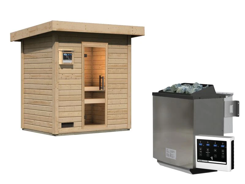Karibu Saunahaus Caapi 2, inkl. 9 kW Bioofen ext. Steuerung, mit Klarglastür und Fußboden - Image 3