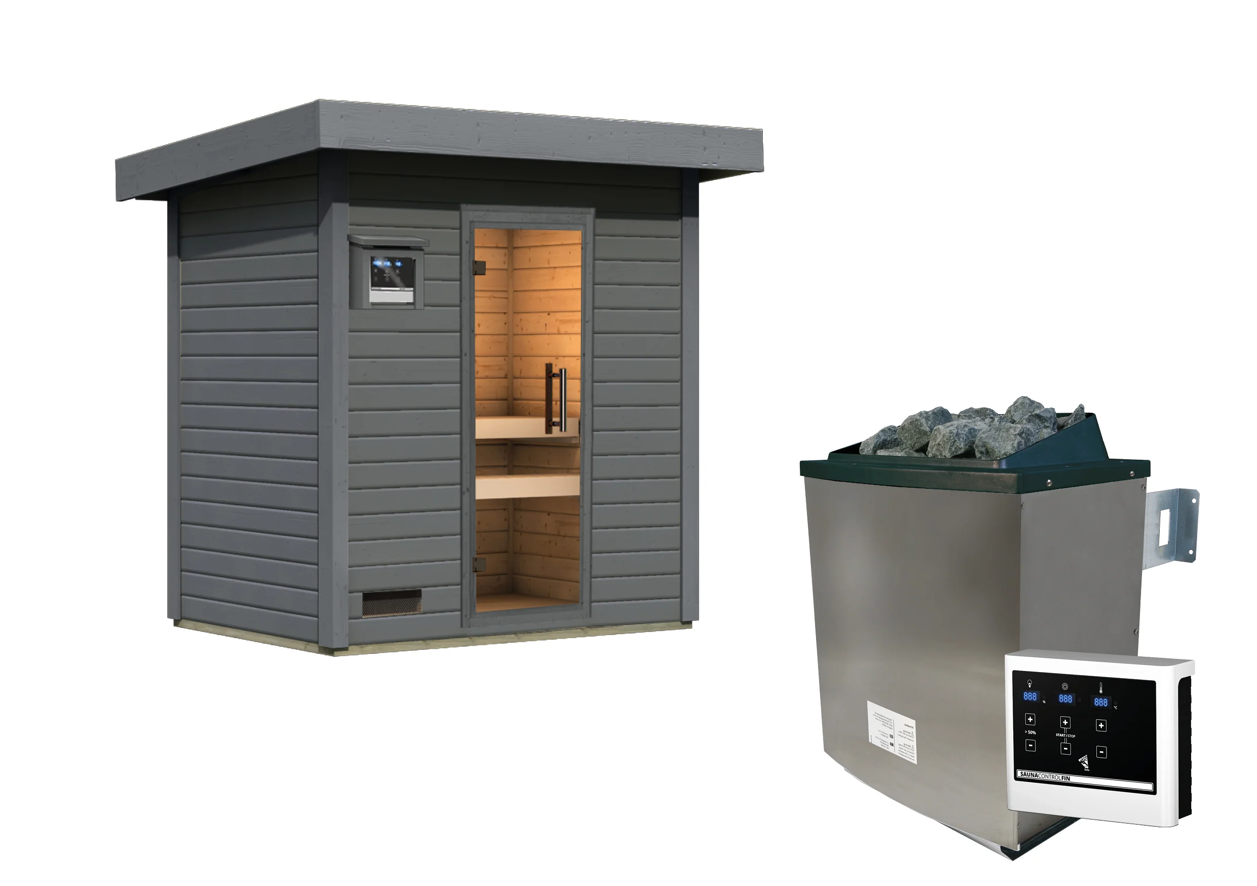 Karibu Saunahaus Caapi 2, terragrau, inkl. 9 kW Ofen finnisch ext. Steuerung, mit Klarglastür und Fußboden - Image 3