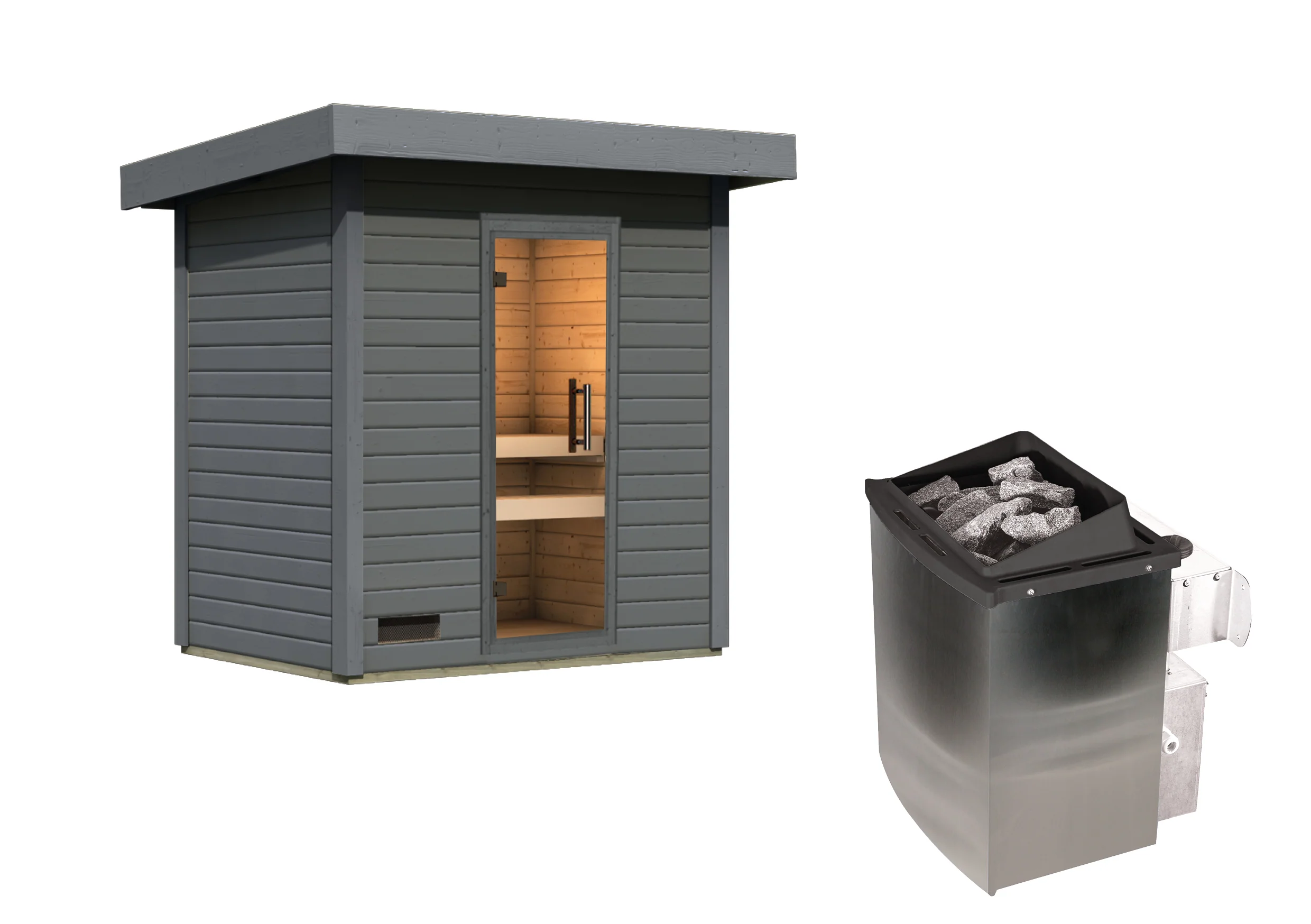 Karibu Saunahaus Caapi 2, terragrau, inkl. 9 kW Ofen integr. Steuerung, mit Klarglastür und Fußboden - Image 4