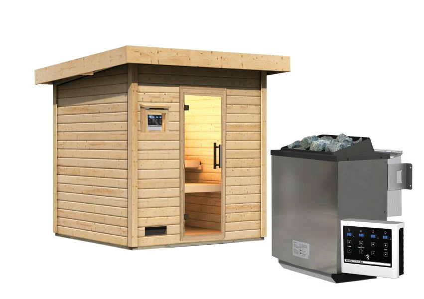 Karibu Saunahaus Caapi 3, inkl. 9 kW Bioofen ext. Steuerung - mit Klarglastür und Fußboden - Image 6