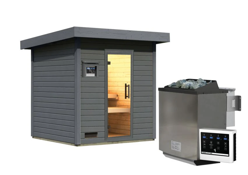 Karibu Saunahaus Caapi 3, terragrau, inkl. 9 kW Bioofen ext. Steuerung - mit Klarglastür und Fußboden - Image 7