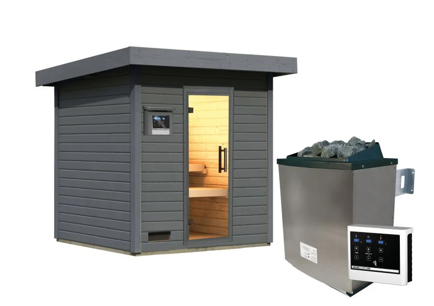 Karibu Saunahaus Caapi 3, terragrau, inkl. 9 kW Ofen finnisch ext. Steuerung - mit Klarglastür und Fußboden - Image 6