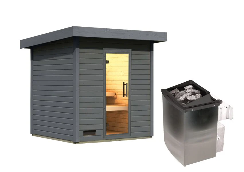 Karibu Saunahaus Caapi 3, terragrau, inkl. 9 kW Ofen integr. Steuerung - mit Klarglastür und Fußboden - Image 6