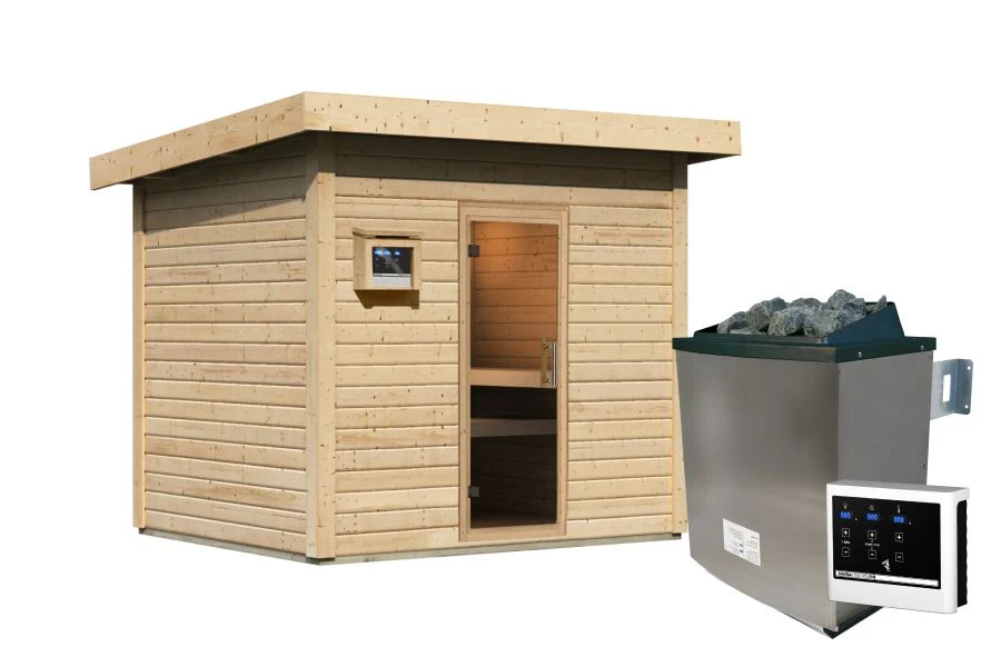 Karibu Saunahaus Caapi 4, inkl. 9 kW Ofen finnisch ext. Steuerung, mit Klarglastür und Fußboden - Image 6