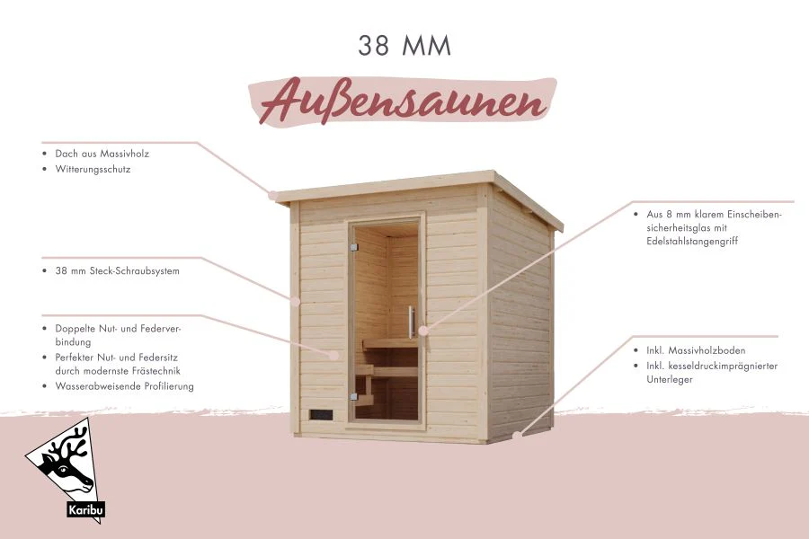 Karibu Saunahaus Caapi 2  38 mm - ohne Ofen - inkl. Klarglastür und Fußboden - Image 10