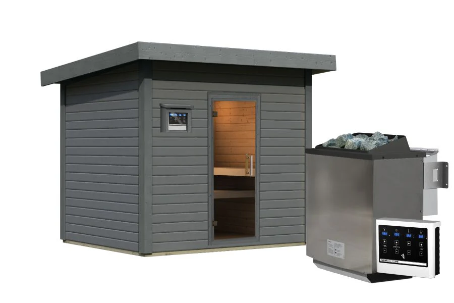 Karibu Saunahaus Caapi 4, terragrau, inkl. 9 kW Bioofen ext. Steuerung, mit Klarglastür und Fußboden - Image 7