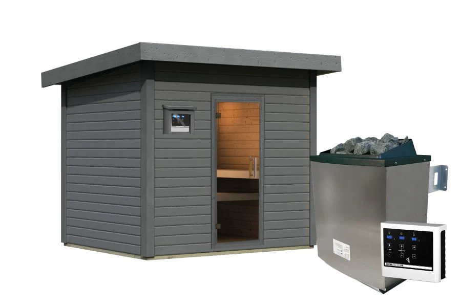 Karibu Saunahaus Caapi 4, terragrau, inkl. 9 kW Ofen finnisch ext. Steuerung, mit Klarglastür und Fußboden - Image 3