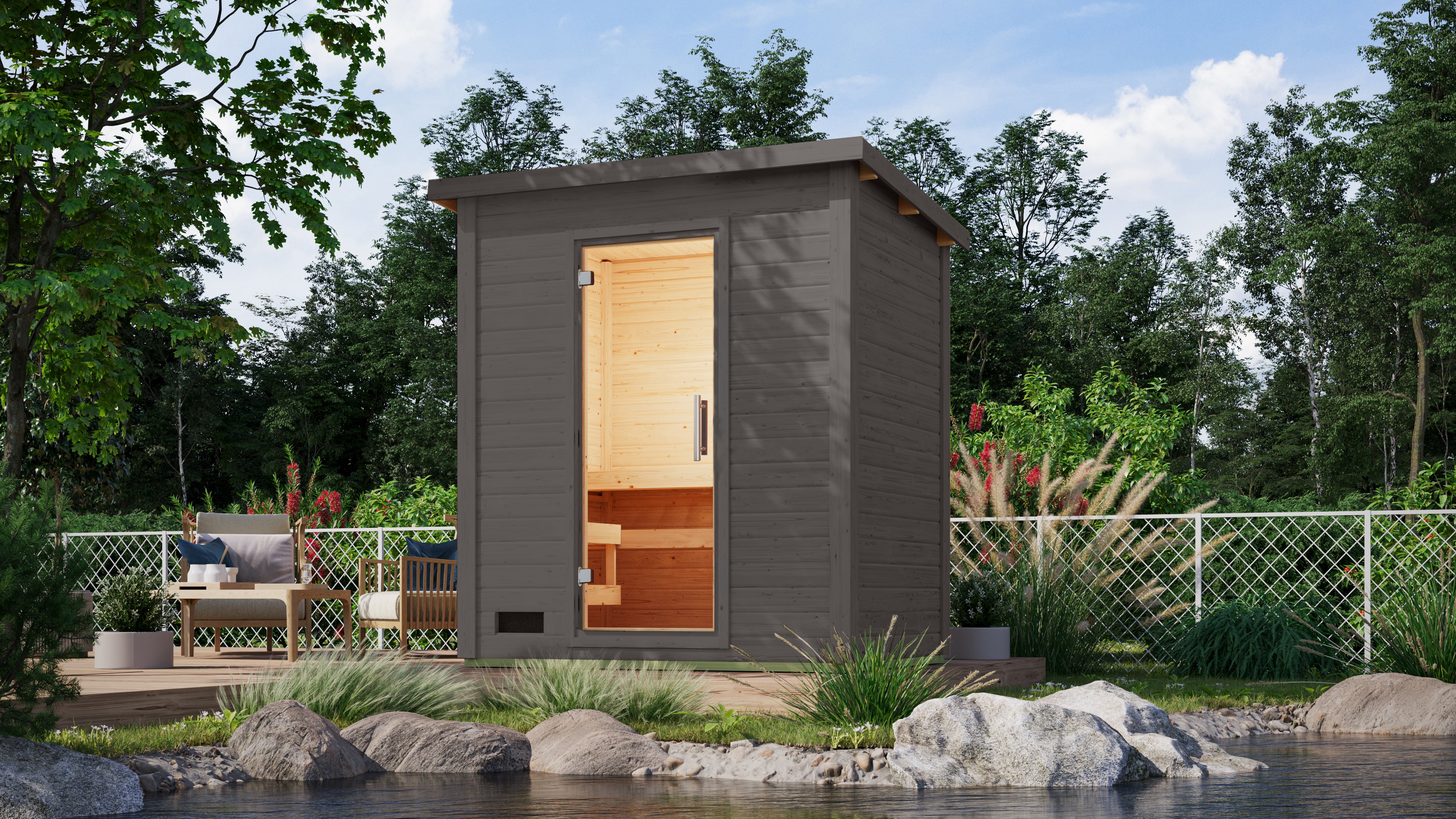 Karibu Saunahaus Caapi 2, terragrau, inkl. 9 kW Ofen finnisch ext. Steuerung, mit Klarglastür und Fußboden - Image 2