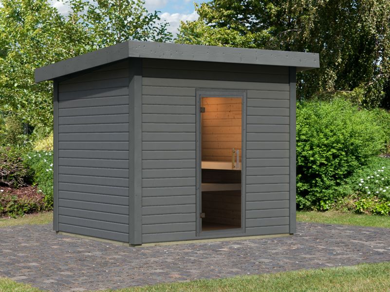 Karibu Saunahaus Caapi 4, terragrau, ohne Ofen, inkl. Klarglastür und Fußboden - Image 2