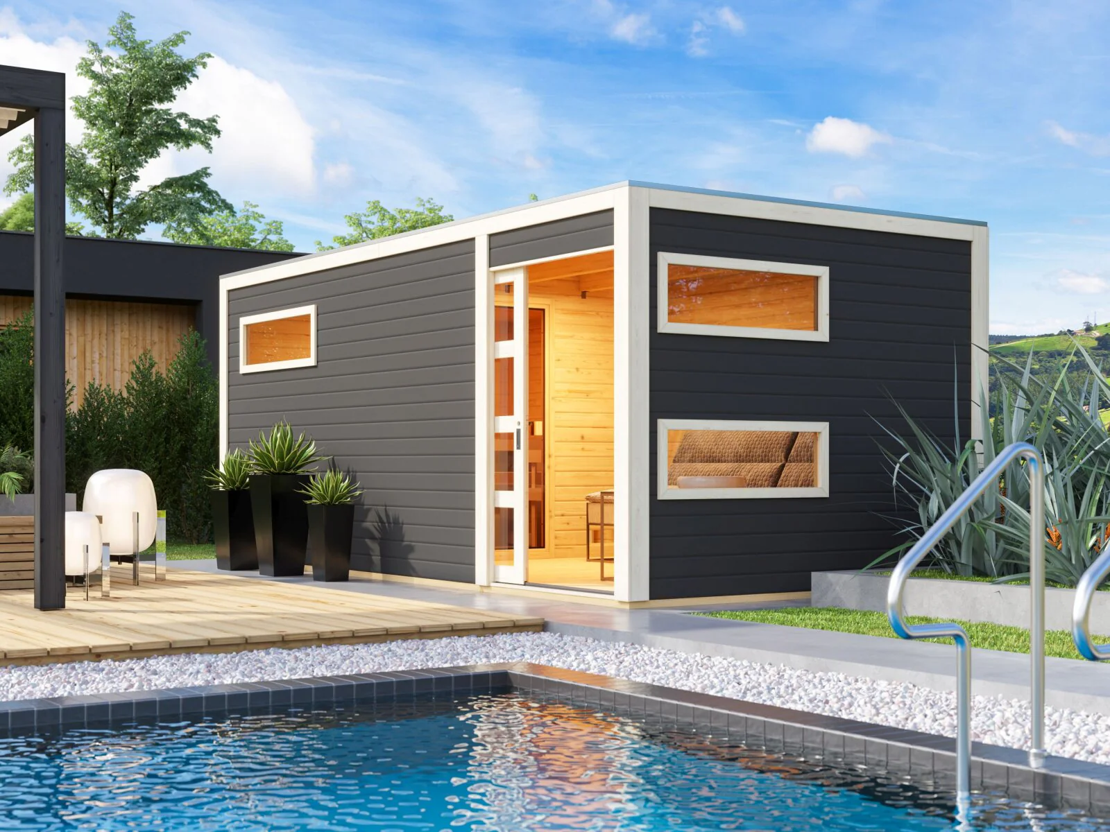 Karibu Saunahaus Hygge 38 mm- terragrau, inkl. 9 kW Bioofen ext. Steuerung Wifi HUUM - Image 2