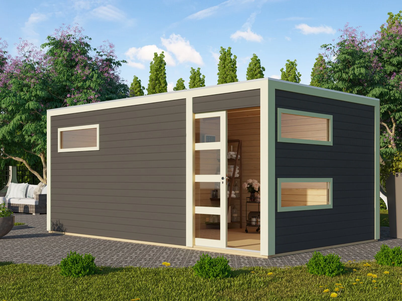 Karibu Saunahaus Hygge 38 mm- terragrau- inkl. 9 kW Ofen ext. Steuerung Wifi HUUM - Image 6