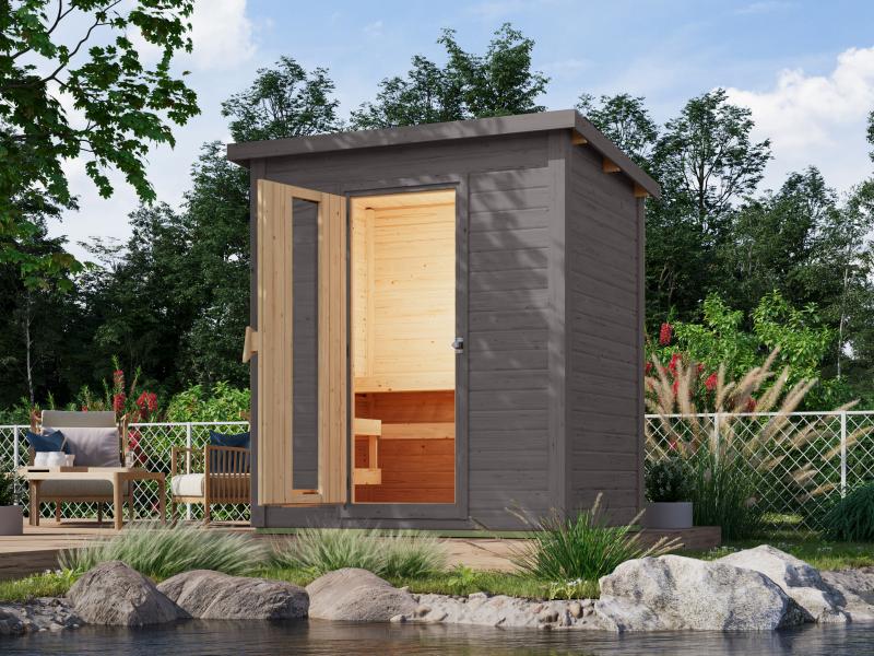 Karibu Saunahaus Hytti 1 38 mm, terragrau - ohne Ofen - inkl. Energiespartür und Fußboden