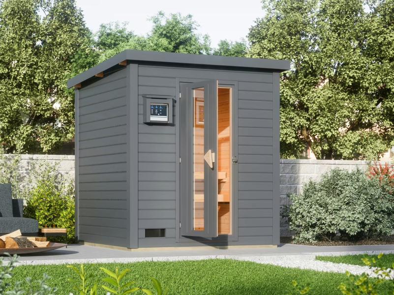 Karibu Saunahaus Hytti 2 38 mm,terragrau - inkl. 9 kW Bioofen ext. Steuerung - mit Energiespartür u