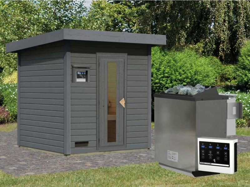 Karibu Saunahaus Hytti 2 38 mm,terragrau - inkl. 9 kW Bioofen ext. Steuerung - mit Energiespartür u - Image 2