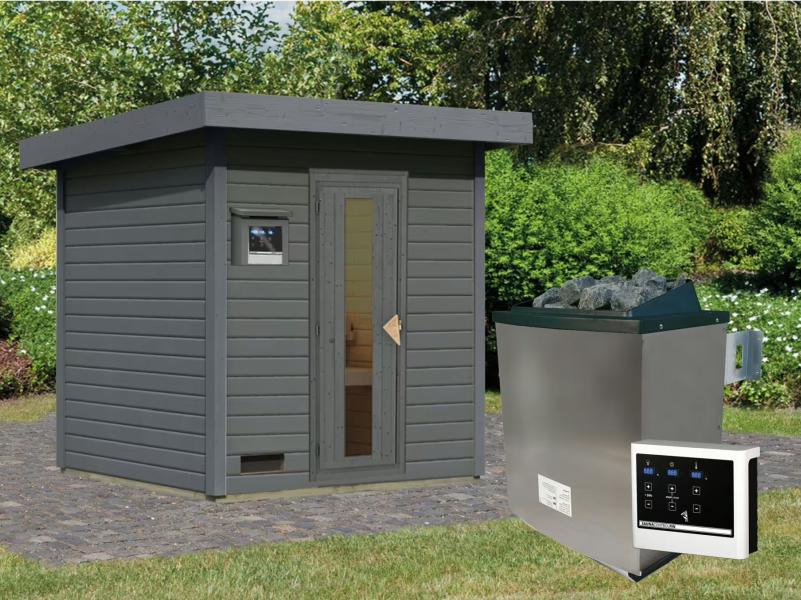 Karibu Saunahaus Hytti 2  38 mm, terragrau- inkl. 9 kW Ofen ext. Steuerung - mit Energiespartür und - Image 2
