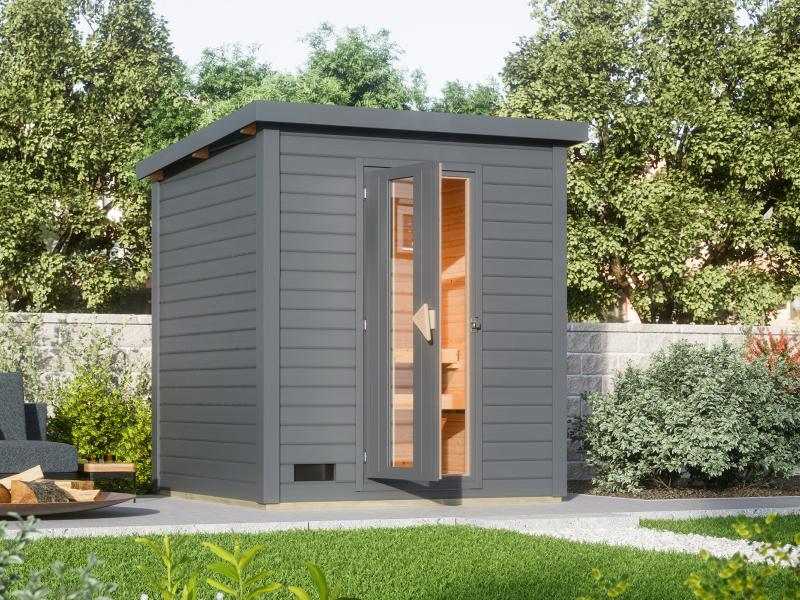 Karibu Saunahaus Hytti 2 38 mm, terragrau - ohne Ofen - inkl. Energiespartür und Fußboden