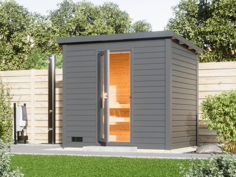 Karibu Saunahaus Hytti 3 38 mm terragrau- inkl. 9 kW Ofen ext. Steuerung - inkl. Energiespartür und